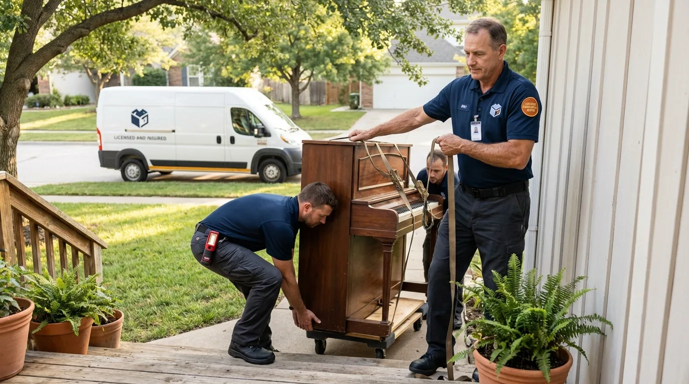 Licensed piano movers securing grand piano in Unadilla, GA