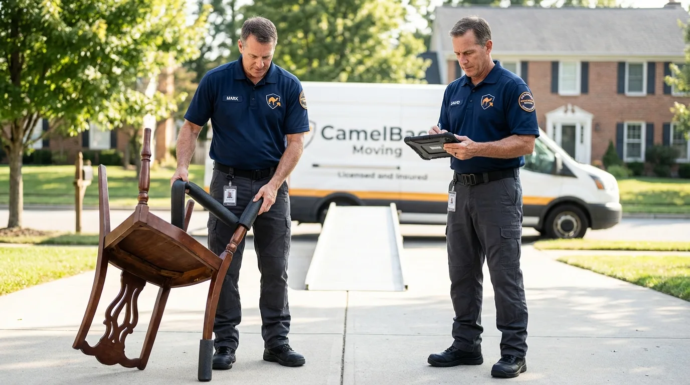 Movers inspecting furniture for damage prevention before loading in Unadilla, GA
