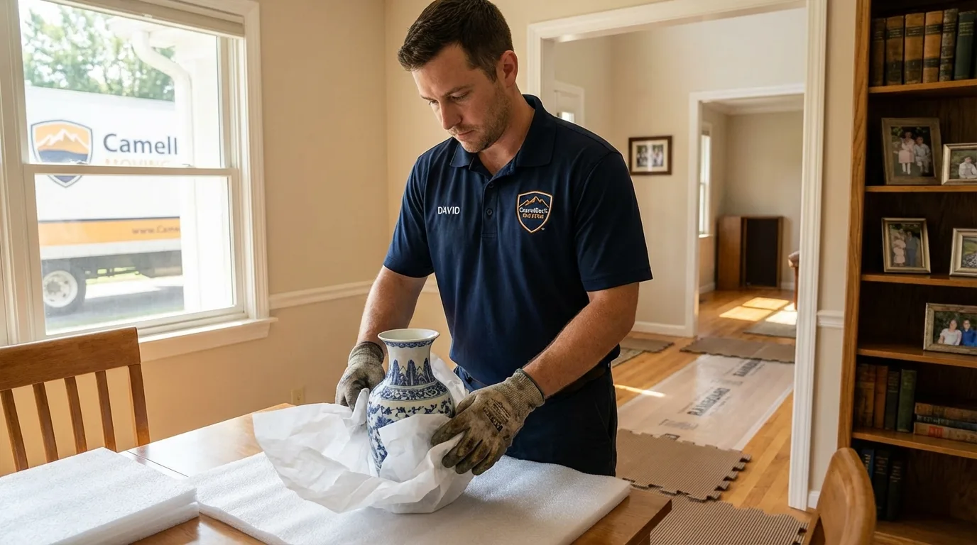 Professional crew carefully wrapping antique vase for senior downsizing move in Unadilla, GA